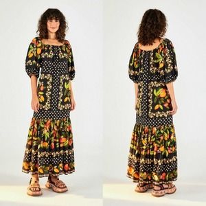 Farm Rio Cocoa Paradise Black Puff Sleeve Tiered Tropical Maxi Dress Size Small